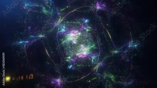 Abstract cosmic energy field with vibrant colorful light particles and glowing lines in deep space.