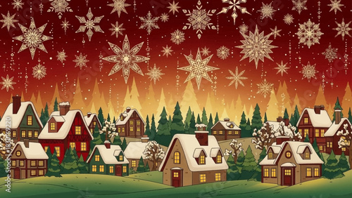 Festive Winter Village Scene with Snow-Covered Houses and Golden Snowflakes