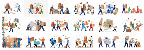Professional Moving and Packing Service Set: Collection of flat illustrations showing movers handling boxes, wrapping furniture, and performing relocation duties.