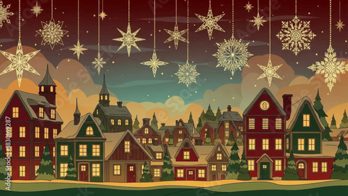 Festive Christmas Village Scene with Snow-Capped Roofs and Hanging Stars