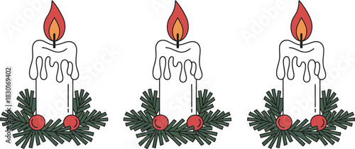 Three Christmas Candles with Pine and Berries, Festive Holiday Decoration