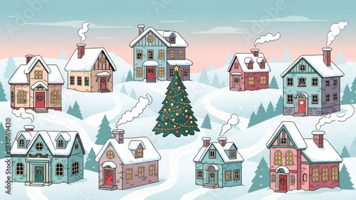 Cozy Christmas village illustration with snow-covered houses on a winter landscape.