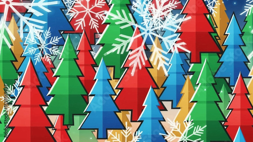 Festive Pattern of Colorful Stylized Christmas Trees and White Snowflakes