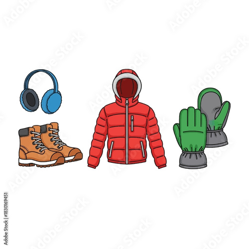Colorful illustrated collection of essential winter gear for cold weather