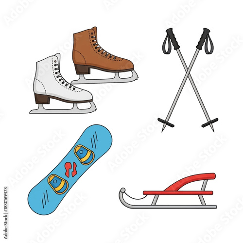 Winter Sports Equipment: Skates, Ski Poles, Snowboard, and Sled Illustration