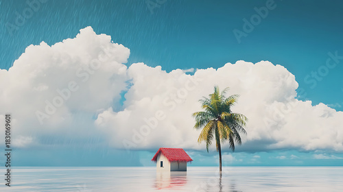 Surreal conceptual art of a solitary red-roofed house and a palm tree partially submerged in a vast, calm sea under a dramatic cloudy sky