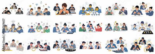 Professional Jewelers and Gemologists Working with Diamond Rings and Precious Stones. Collection of Illustrations Depicting Crafting, Inspection, and Repair Process.