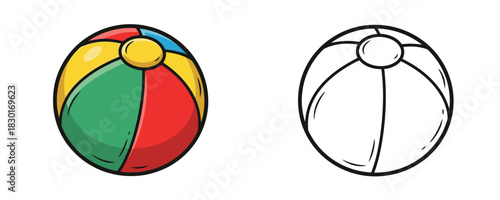 Inflatable beach ball in bright red, yellow, green, and blue colors, for summer games and playing, with a black outline style