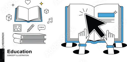 Modern flat line art illustration of e-learning and digital education, with a mouse cursor clicking an online book for interactive knowledge