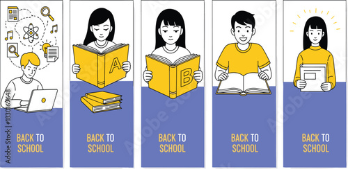 A set of banners showing the academic journey of students, from researching online to studying textbooks for knowledge and success