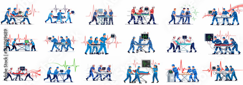 Emergency medical services team rushing critical patients on stretchers, featuring paramedics, doctors, and nurses with heart rate monitors and ECG lines collection.