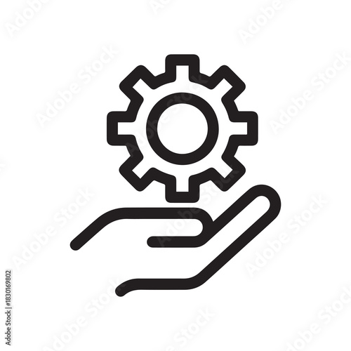 Black Outline of Hand Holding a Gear Wheel Icon Isolated