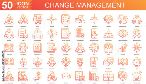 Change Management icon collection set. Containing Communications, Stakeholders, training, Flexibility, Planning icon.