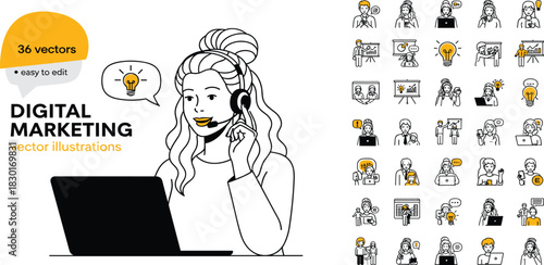 Business technology and digital marketing concept illustrated with a call center operator and a comprehensive set of minimalist line icons