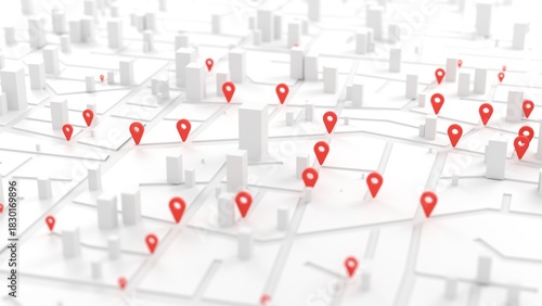 Floating GPS Location Pins on Digital Map 3D illustration for smart city logistics, real-time fleet tracking, and urban supply chain distribution network