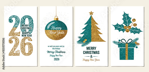 Christmas and New Year 2026 greeting cards. Elegant festive set with golden and teal designs, featuring holiday symbols and typography for season's greetings
