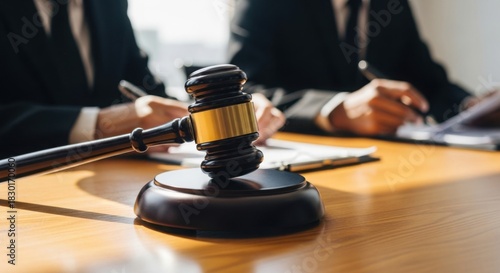 Gavel on desk during legal consultation with lawyers working on documents.