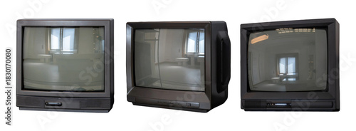Set of three black CRT TVs old retro cathode ray tube television monitors with blank reflective screens isolated on white background vintage technology design elements cut out no people diff angles