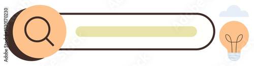 Search bar featuring magnifying glass icon and glowing light bulb, symbolizing exploration, ideas, and innovation. Ideal for brainstorming, research, knowledge, inspiration, creativity discovery