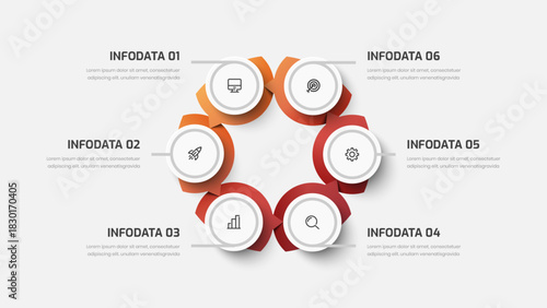 Circle Infographic Template with Gradient Color, Gray Line, 6 Options, and Icon for Presentations, Process Diagrams