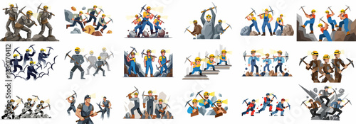 Diverse Set of Flat Design Miner Illustrations: Workers with Pickaxes, Hard Hats, and Headlamps in Various Mining Scenarios.