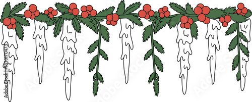 Festive Christmas Garland with Holly, Berries, and Dripping Icicles