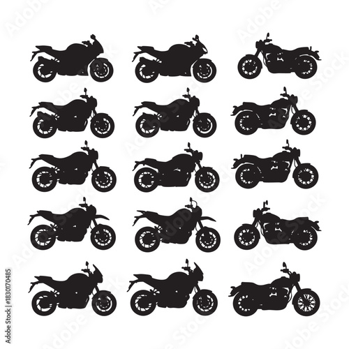 motorcycle, motorbike, silhouette, vector, bike, collection, set, transport, vehicle, icon, graphic, black, white, unique, different, style, chopper, cruiser, sport bike, naked bike, adventure bike, t