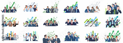Frantic Stock Market Trading and Financial Growth Vector Illustrations Set: Business People Shouting on Phones Amidst Upward Graph Arrows Representing Success and Investment Boom.