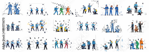 Professional Exterminator and Pest Control Service Vector Illustration Set. Workers spraying insects like cockroaches, ants, and spiders in homes and businesses.