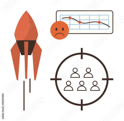 Rocket taking off, sad face with a downward trend graph, and targeted audience. Ideal for marketing, startup growth, failure analysis, performance, audience focus goals strategy. Simple flat