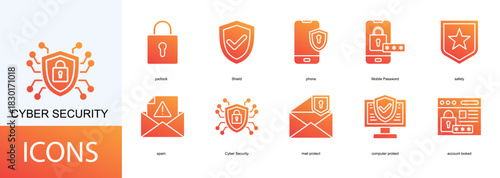 Cyber Security icon collection set. Containing padlock, Shield, phone, Mobile Password, safety icon.