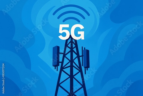 Abstract blue antenna mast representing 5G telecom broadcasting and communication industry