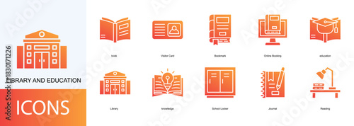 library and education icon collection set. Containing book, Visitor Card, Bookmark, Online Booking, education icon.