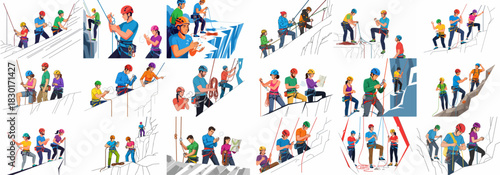 Climbers and Mountaineers Vector Illustration Set: Diverse people preparing gear, using ropes, belaying, and rappelling on rocky terrain.