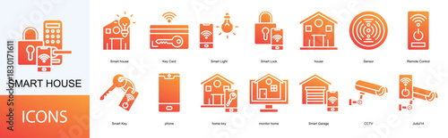 Smart house icon collection set. Containing Smart house, Key Card, Smart Light, Smart Lock, house icon.