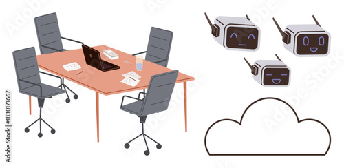 Office table with chairs, laptop, papers, and glasses near friendly AI robot heads and a cloud icon. Ideal for AI, teamwork, connectivity, smart tech innovation communication digital solutions. A