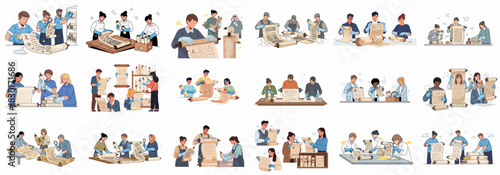 Archivists and restorers working with old scrolls, examining historical manuscripts, and performing ancient document preservation tasks.