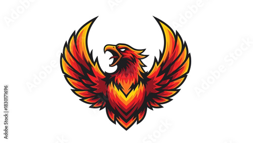 Powerful phoenix rising with vibrant wings, a symbol of rebirth and strength, ideal for gaming, sports, or branding projects needing a fiery edge