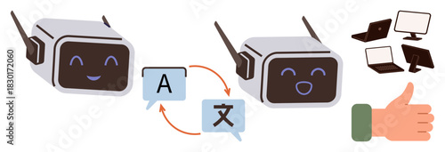 Two friendly robots exchanging language symbols through translation process, surrounded by computers and a thumbs-up gesture. Ideal for AI, communication, multilingual support, technology