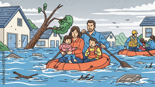 Rescue Team Assisting Mother and Children in Floodwater – Flat Vector