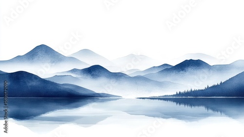 Misty mountain range reflected in tranquil lake, artistic landscape background, serene vista, calming view, potential for wallpaper or print