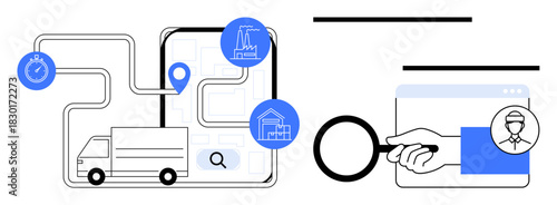 Truck with route map, location pin, stopwatch, and facility icons, hand holding magnifying glass for analysis. Ideal for logistics, navigation, supply chain, research delivery map tracking audit