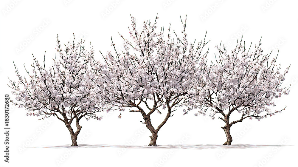 Fototapeta premium Three winter almond trees with soft blossoms aligned side by side on transparent background