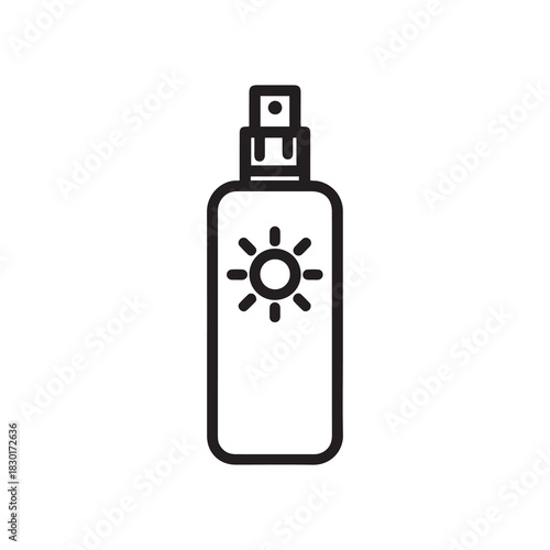 Sunscreen Bottle Outline Icon with Spray Nozzle and Sun Symbol Design