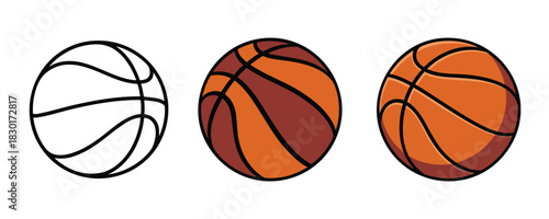 Set of Basketball Icons in Outline and Color Styles, Three Styles of a Classic Orange Basketball, Basketball Illustration Collection: Line Art and Colored Version, silhouette, illustration, vector.