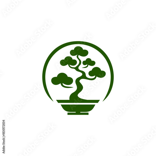 A clean green minimalist bonsai tree logo featuring smooth curves