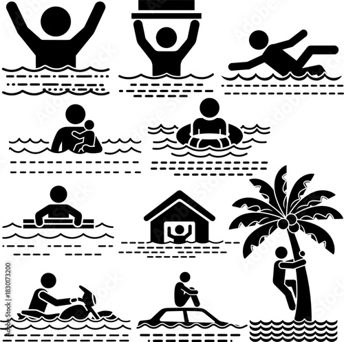 Water Safety, Disaster and Survival Pictogram Set