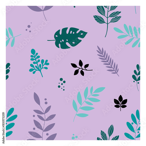 Seamless Pattern of Tropical and Minimalist Leaves on Purple Background