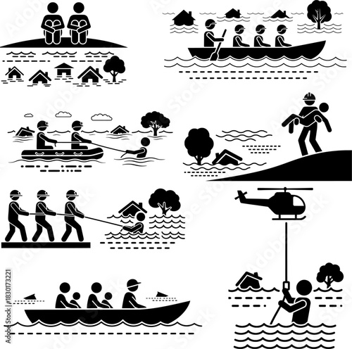 Flood Disaster Emergency Rescue and Relief Efforts Pictograms