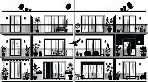 Architectural facade vector illustration of a modern apartment or residential building with multiple balconies decorated with plants and furniture, illustrating urban life and property graphic.